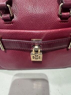 Tory Burch Pebbled Wine Leather Satchel with Gold Lock